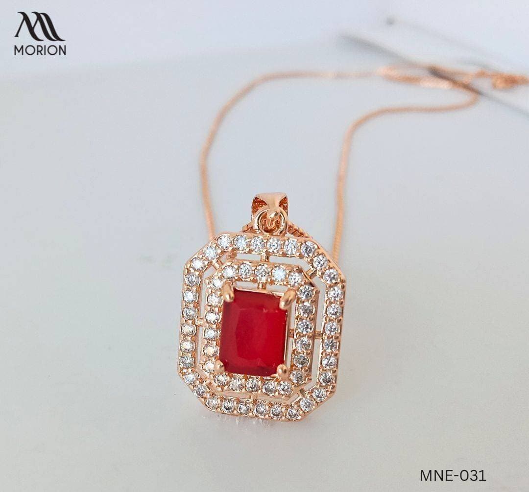 Square Shape Red Stone Golden Pendant Necklace For Women MNE-031